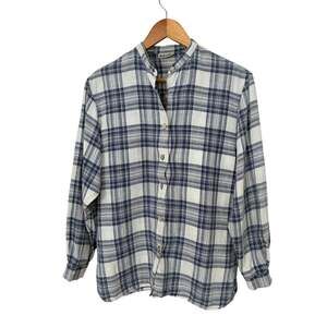 Rafaella 100% Linen Blue Plaid Long Sleeve Button Down Collarless Size S